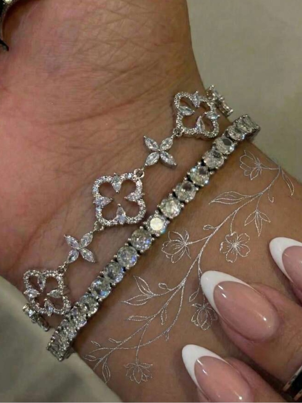 Sparkling Silver Floral Link & Tennis Bracelet Set - Silver